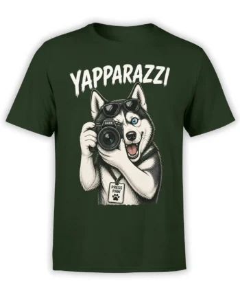 Green dog photographer T-shirt with sunglasses, camera, YAPARAZZI text, and Press Paw badge
