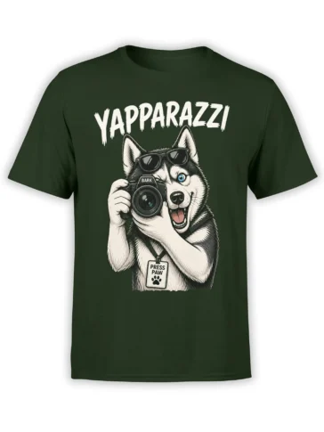 Green dog photographer T-shirt with sunglasses, camera, YAPARAZZI text, and Press Paw badge