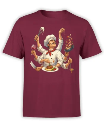 Multi-armed mustached chef cooking design printed on a burgundy graphic T-shirt