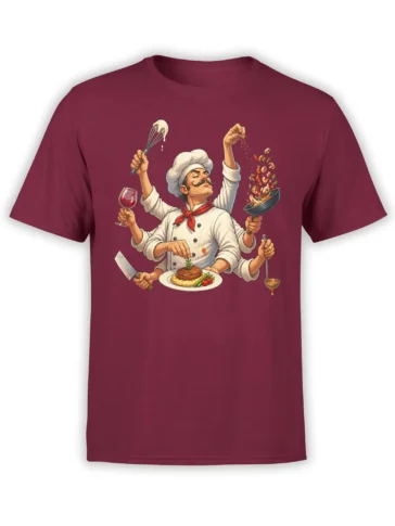 Multi-armed mustached chef cooking design printed on a burgundy graphic T-shirt