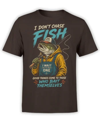Brown fishing T-shirt with an illustrated angler fish, fishing rod, bait humor, and vintage-style lettering
