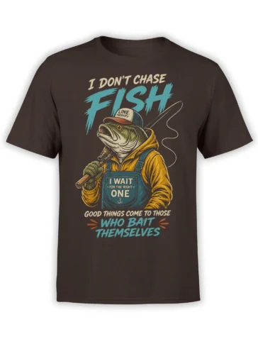 Brown fishing T-shirt with an illustrated angler fish, fishing rod, bait humor, and vintage-style lettering