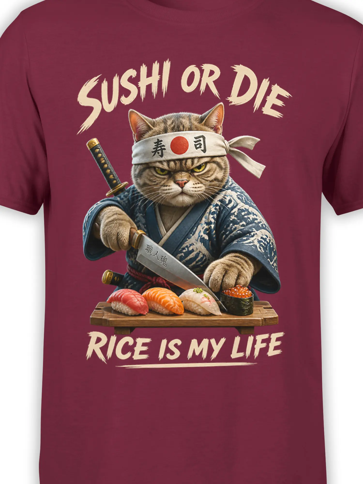 Close-up of samurai cat, katana, sushi, and cream lettering on a burgundy graphic T-shirt