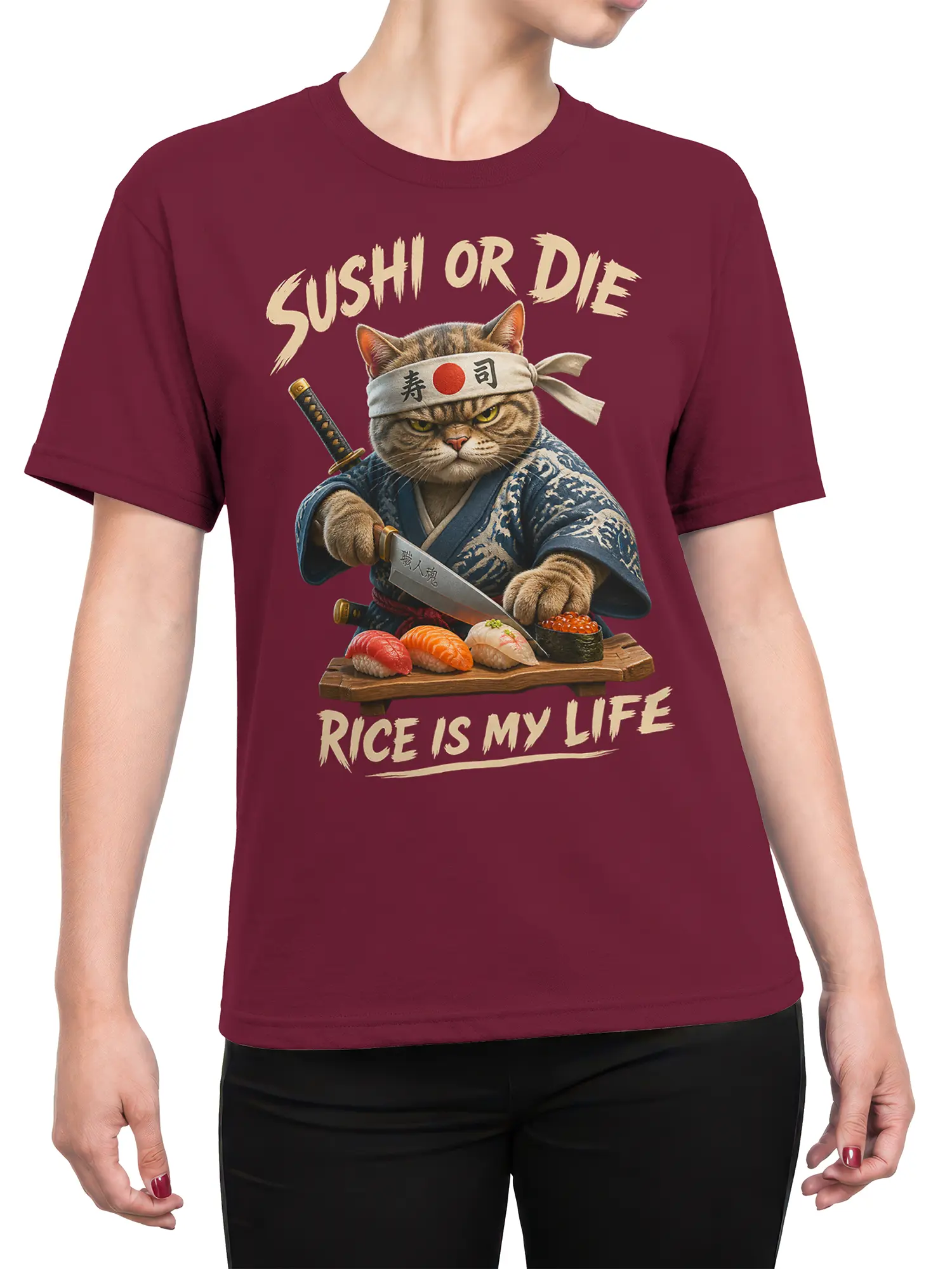 Female torso wearing a burgundy T-shirt with samurai cat, katana, sushi, and bold cream lettering