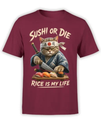 Samurai cat with katana and sushi under bold “Sushi or Die” text on a burgundy T-shirt