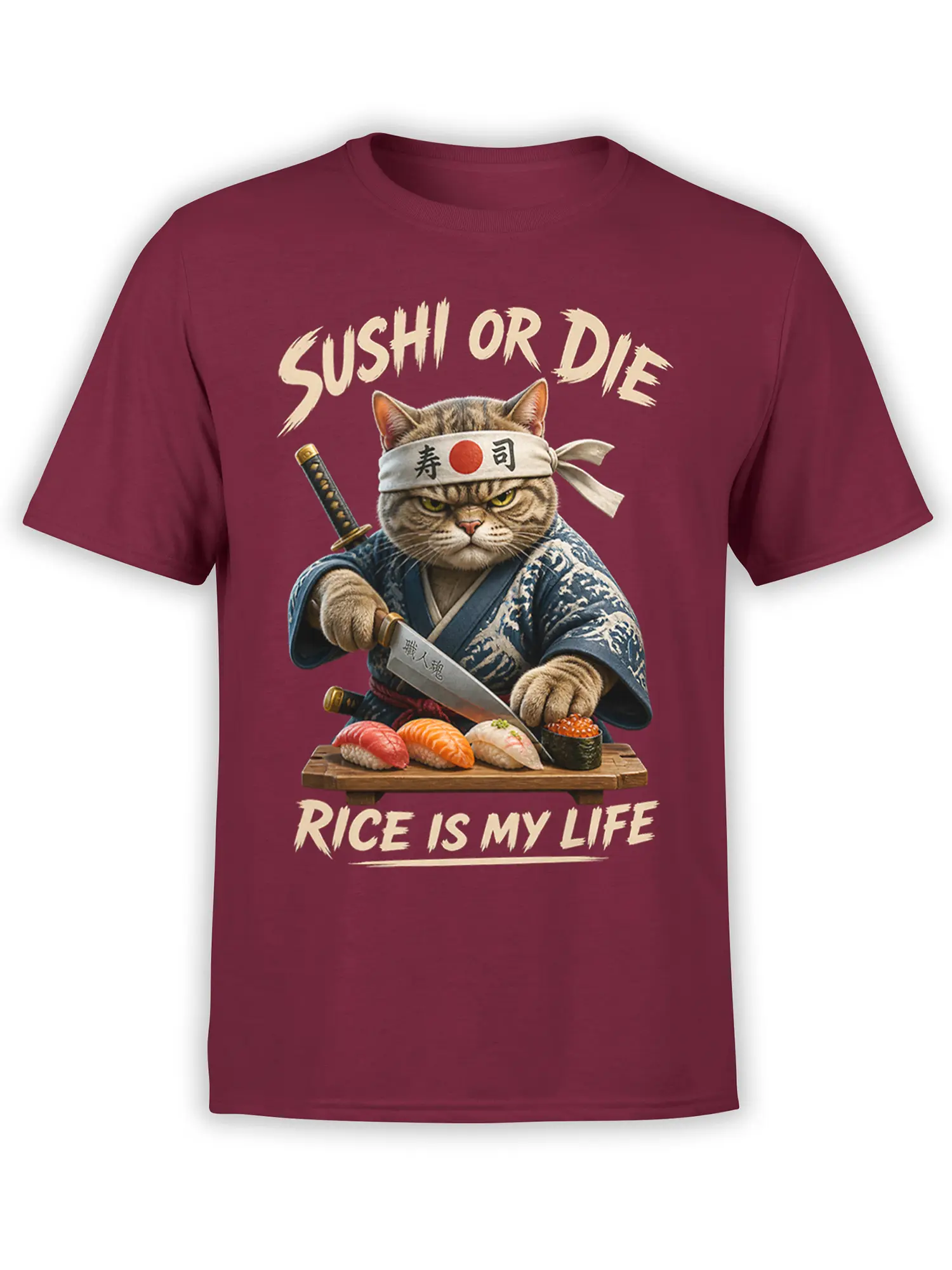 Samurai cat with katana and sushi under bold “Sushi or Die” text on a burgundy T-shirt