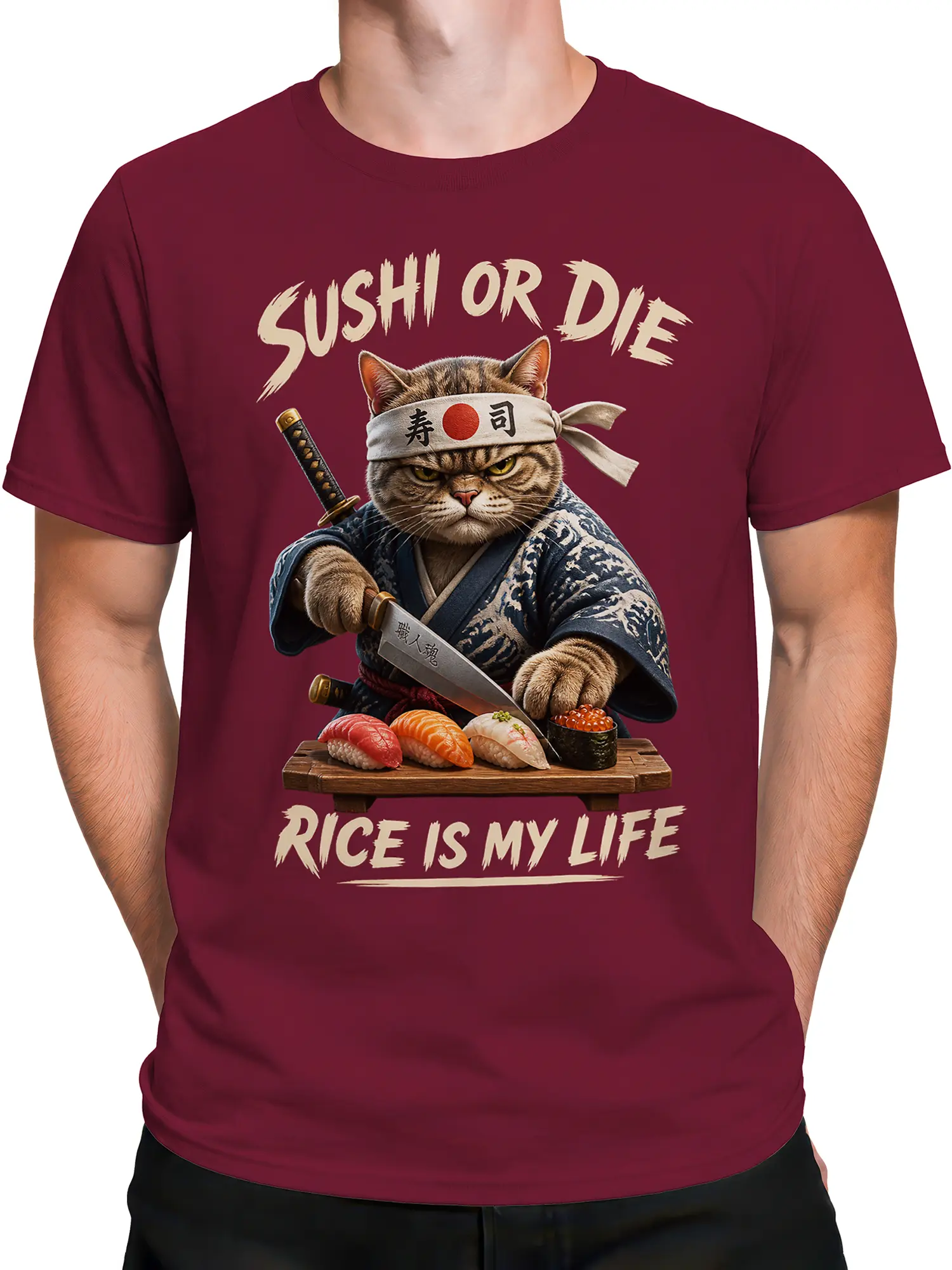 Male torso wearing a burgundy T-shirt with a samurai cat, katana, sushi, and bold cream lettering