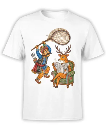 White T-shirt with a colorful vintage scene of an antlered deer reading a newspaper beside a mustached folk figure