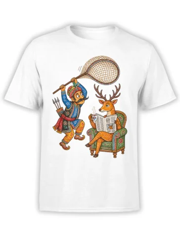 White T-shirt with a colorful vintage scene of an antlered deer reading a newspaper beside a mustached folk figure