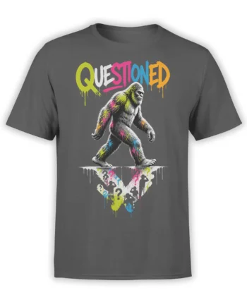 Gray T-shirt with a colorful ape-like mystery creature, QUESTIONED text, and shadowy figures below