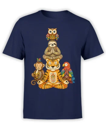 Colorful meditation animal design with tiger, sloth, monkey, owl, and parrots on a navy blue T-shirt