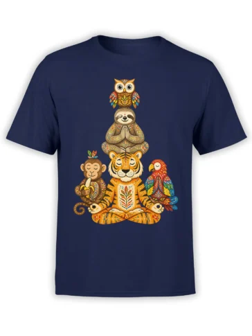 Colorful meditation animal design with tiger, sloth, monkey, owl, and parrots on a navy blue T-shirt