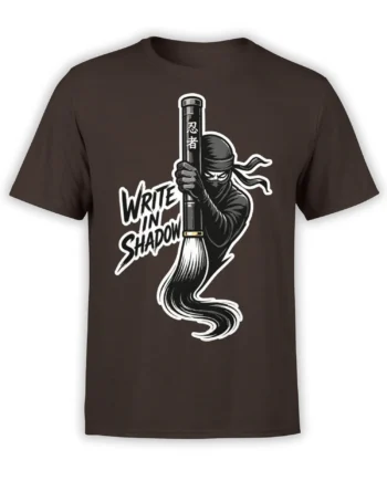 Masked ninja warrior holding a giant brush with Write in Shadow lettering on a dark brown T-shirt