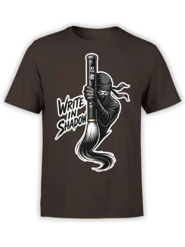 Masked ninja warrior holding a giant brush with Write in Shadow lettering on a dark brown T-shirt