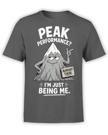 Gray mountain T-shirt with a sarcastic snowy peak character and “Already There” sign