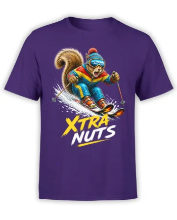 Purple T-shirt with a colorful skiing squirrel, snowy action scene, and bold XTRA NUTS lettering