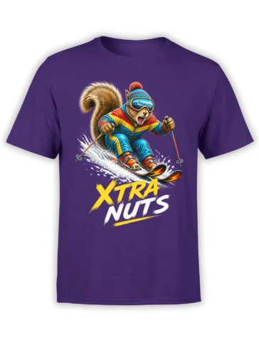 Purple T-shirt with a colorful skiing squirrel, snowy action scene, and bold XTRA NUTS lettering