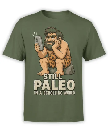 Green paleo t-shirt with a bored bearded caveman scrolling on a smartphone and bold cream lettering