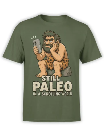 Green paleo t-shirt with a bored bearded caveman scrolling on a smartphone and bold cream lettering
