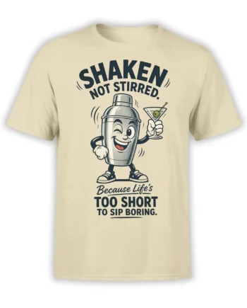Beige cocktail shaker T-shirt with a smiling shaker, martini glass, and bold vintage bar humor lettering
