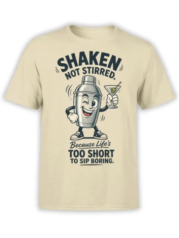 Beige cocktail shaker T-shirt with a smiling shaker, martini glass, and bold vintage bar humor lettering