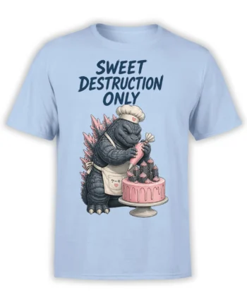 Light blue monster baker T-shirt with pink cake, cupcakes, city details, and Sweet Destruction Only lettering