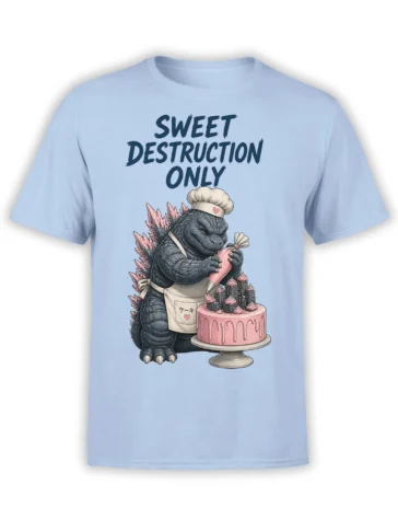 Light blue monster baker T-shirt with pink cake, cupcakes, city details, and Sweet Destruction Only lettering