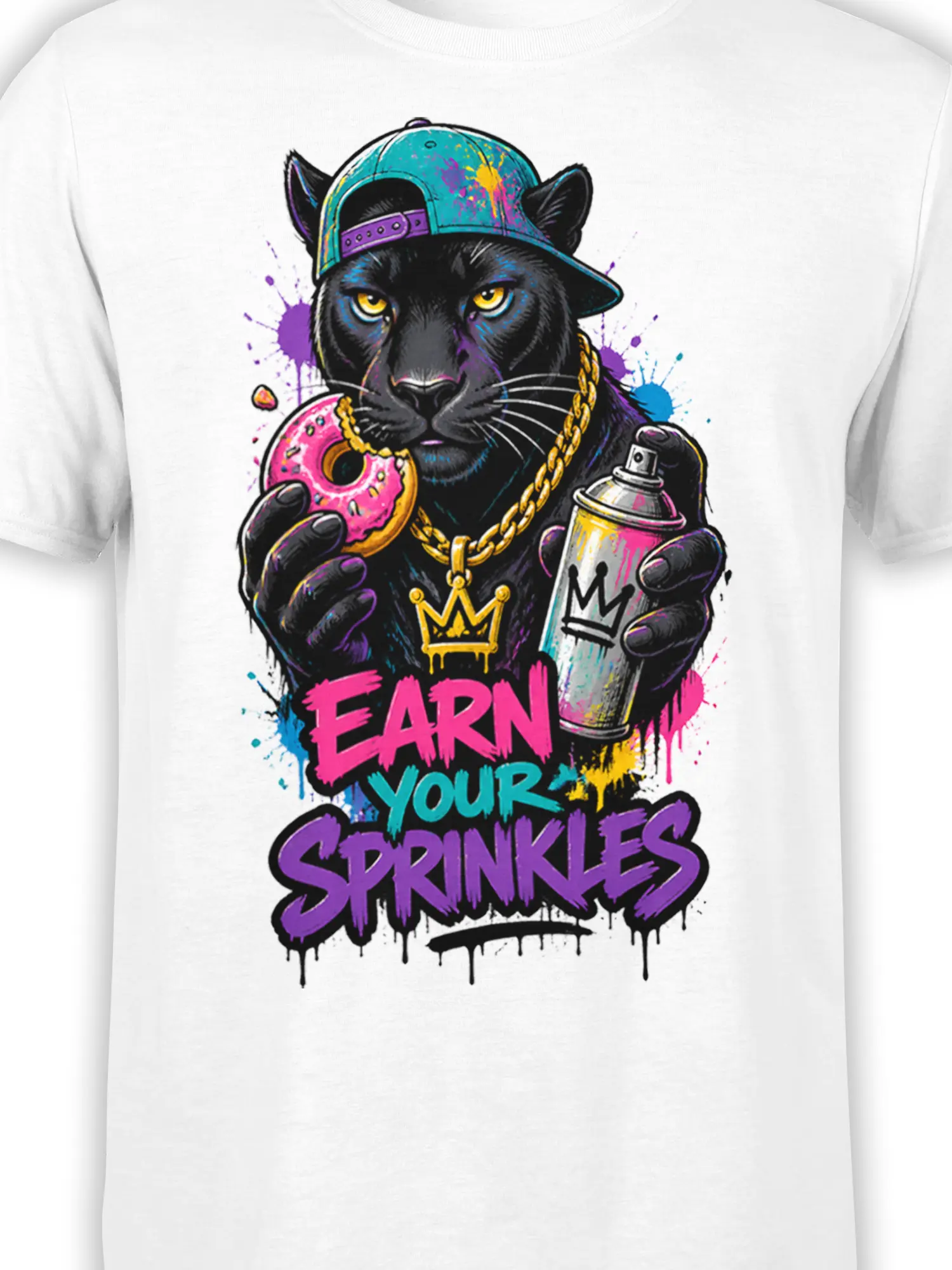 Close-up of crowned black cat graphic with donut, spray can, gold chain, and colorful graffiti details