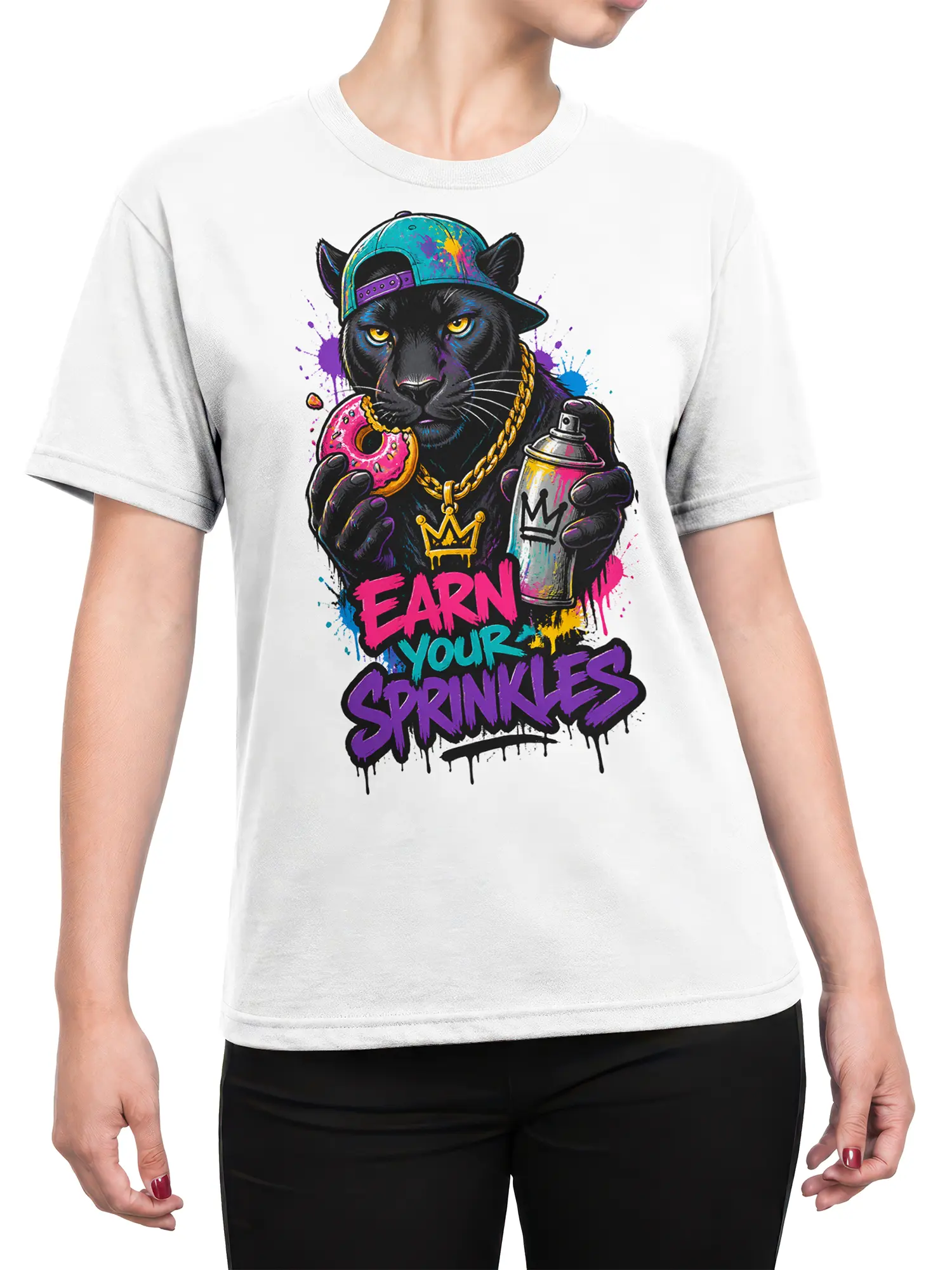 Female torso wearing a white T-shirt with crowned black cat, donut, spray can, and graffiti slogan