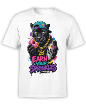 White T-shirt with crowned black cat holding a pink donut and spray can above graffiti text