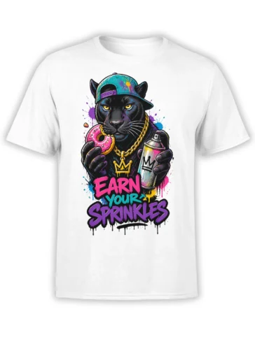 White T-shirt with crowned black cat holding a pink donut and spray can above graffiti text