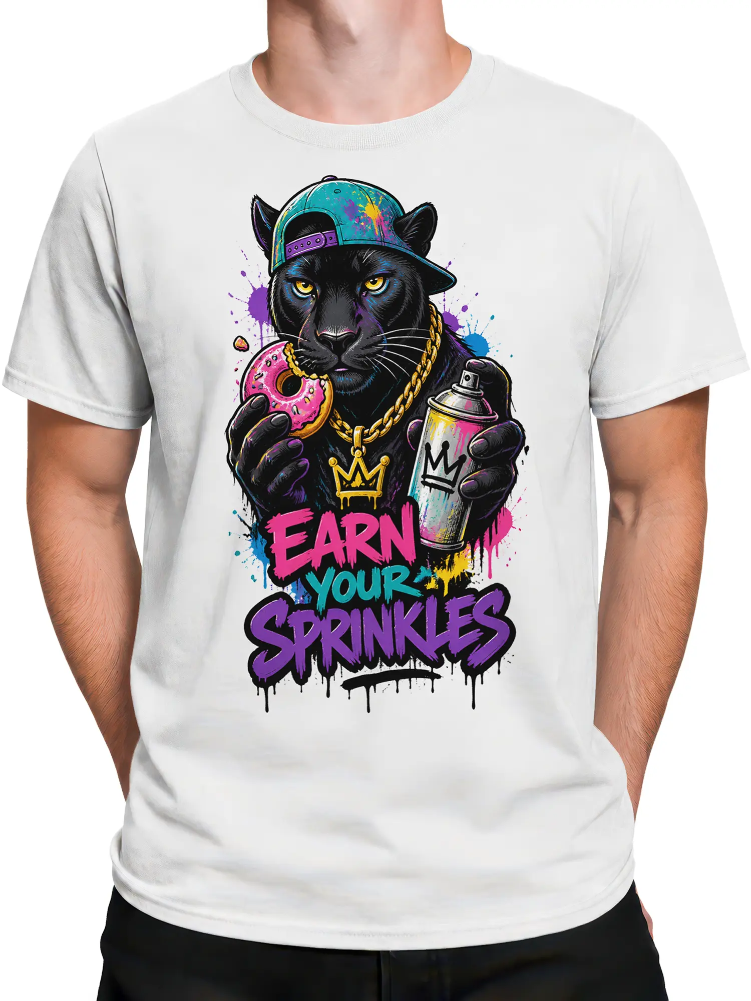 Male torso wearing a white graffiti cat T-shirt with donut, spray can, crown, and colorful lettering