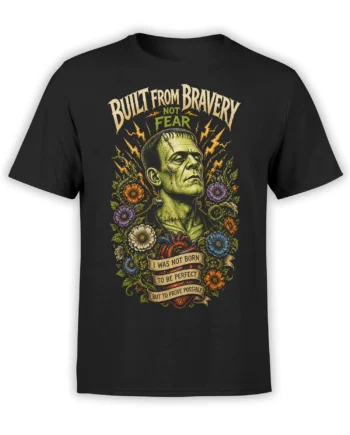 Black T-shirt with stitched green creature, colorful flowers, lightning bolts, and brave vintage lettering