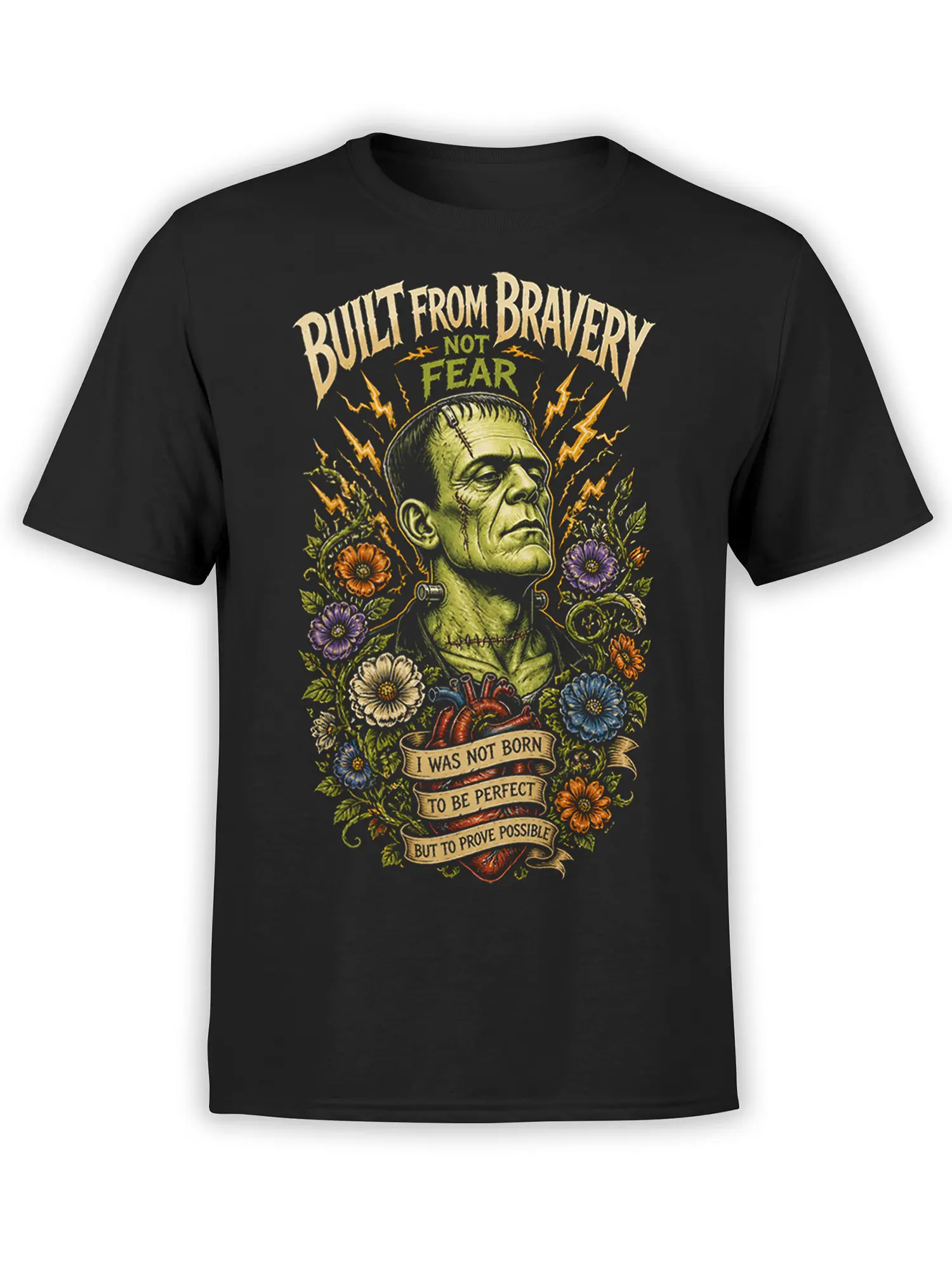 Black T-shirt with stitched green creature, colorful flowers, lightning bolts, and brave vintage lettering