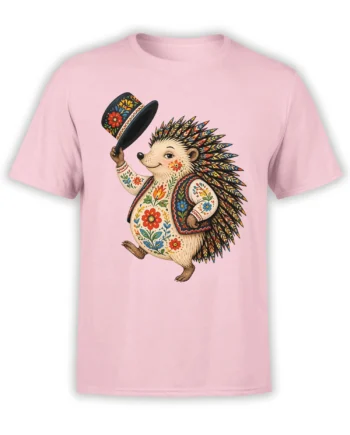 Colorful folk-art hedgehog wearing a floral top hat and vest on a pink T-shirt