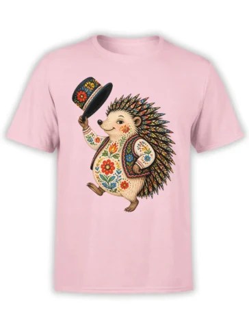 Colorful folk-art hedgehog wearing a floral top hat and vest on a pink T-shirt