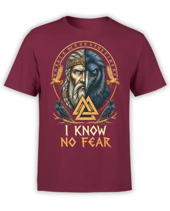 Front view of dark red Viking-inspired T-shirt with split warrior and raven artwork, golden runes, birds, and bold text