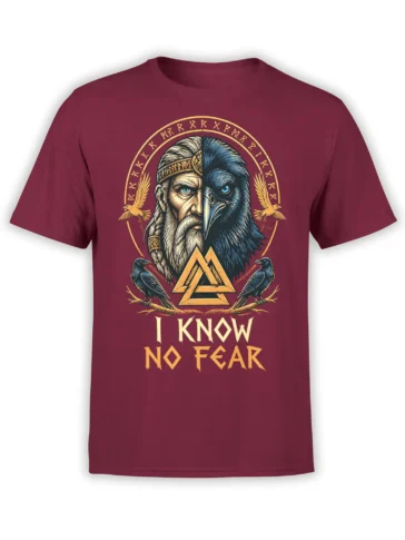 Front view of dark red Viking-inspired T-shirt with split warrior and raven artwork, golden runes, birds, and bold text