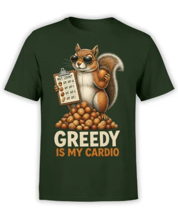Funny squirrel in sunglasses holding a nut count clipboard on a dark green T-shirt
