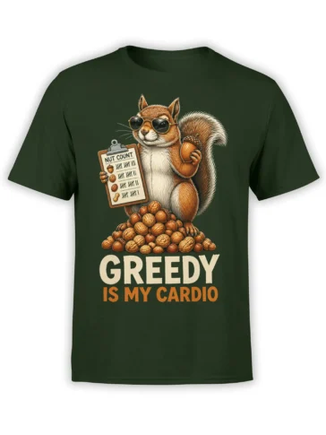 Funny squirrel in sunglasses holding a nut count clipboard on a dark green T-shirt