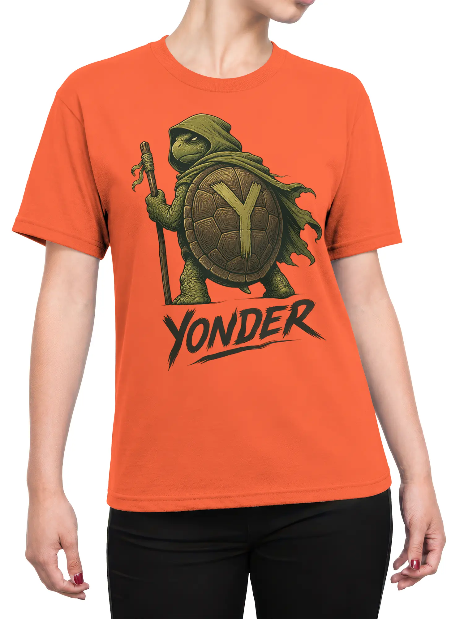 Female torso wearing an orange turtle warrior T-shirt with YONDER fantasy artwork