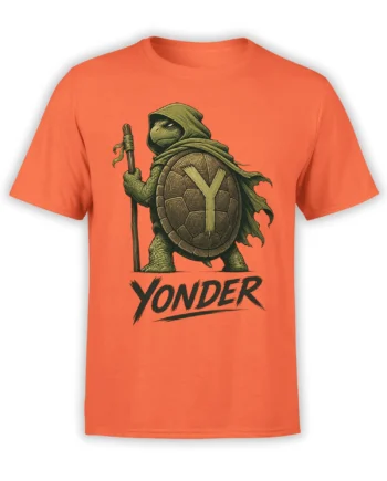 Cloaked turtle warrior with staff and YONDER lettering on an orange graphic T-shirt