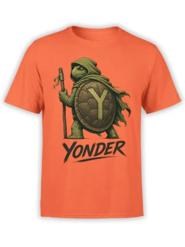 Cloaked turtle warrior with staff and YONDER lettering on an orange graphic T-shirt