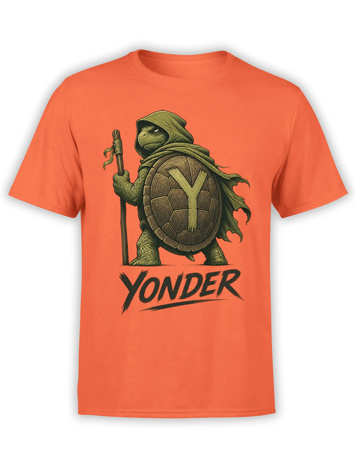 Cloaked turtle warrior with staff and YONDER lettering on an orange graphic T-shirt