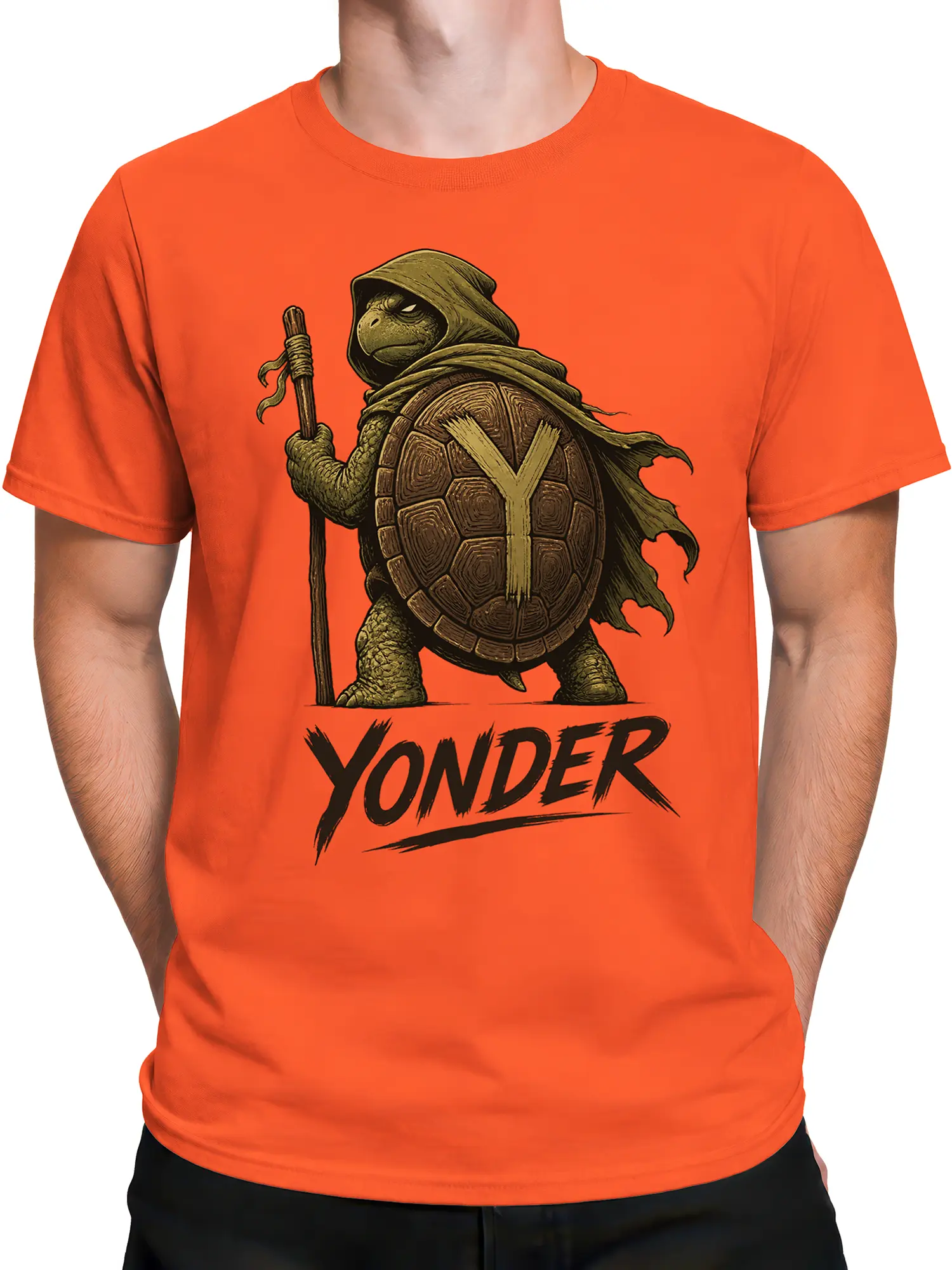 Male torso wearing an orange turtle warrior T-shirt with bold fantasy artwork
