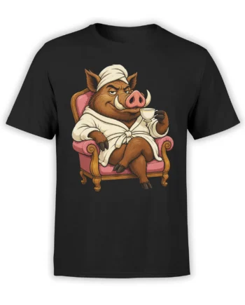 Black T-shirt featuring a brown boar in a robe holding tea in a pink vintage armchair
