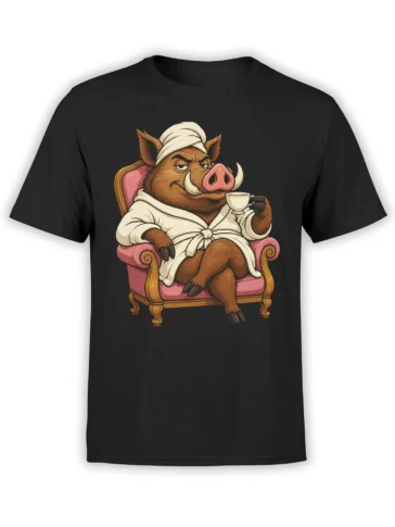 Black T-shirt featuring a brown boar in a robe holding tea in a pink vintage armchair