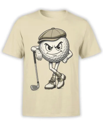 Vintage cartoon golf ball golfer with cap, glove, and club on a beige golf T-shirt