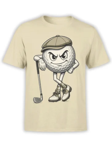 Vintage cartoon golf ball golfer with cap, glove, and club on a beige golf T-shirt