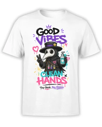White plague doctor T-shirt with sanitizer, good vibes lettering, and colorful clean hands artwork